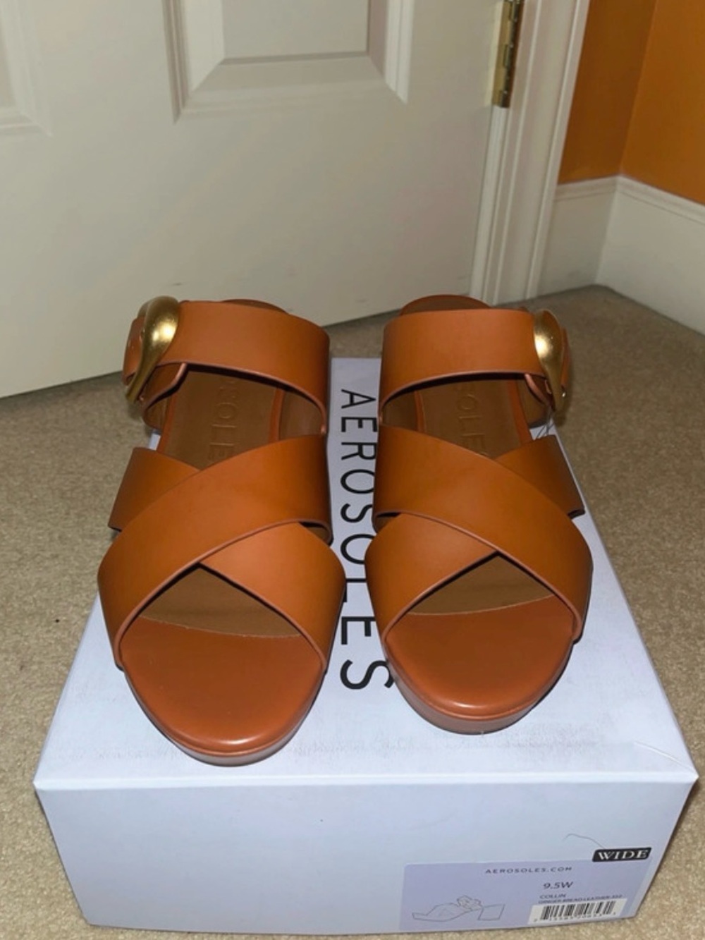 AEROSOLES Cognac Leather Platform Slide Heels with Gold Buckle - Picture 2 of 5